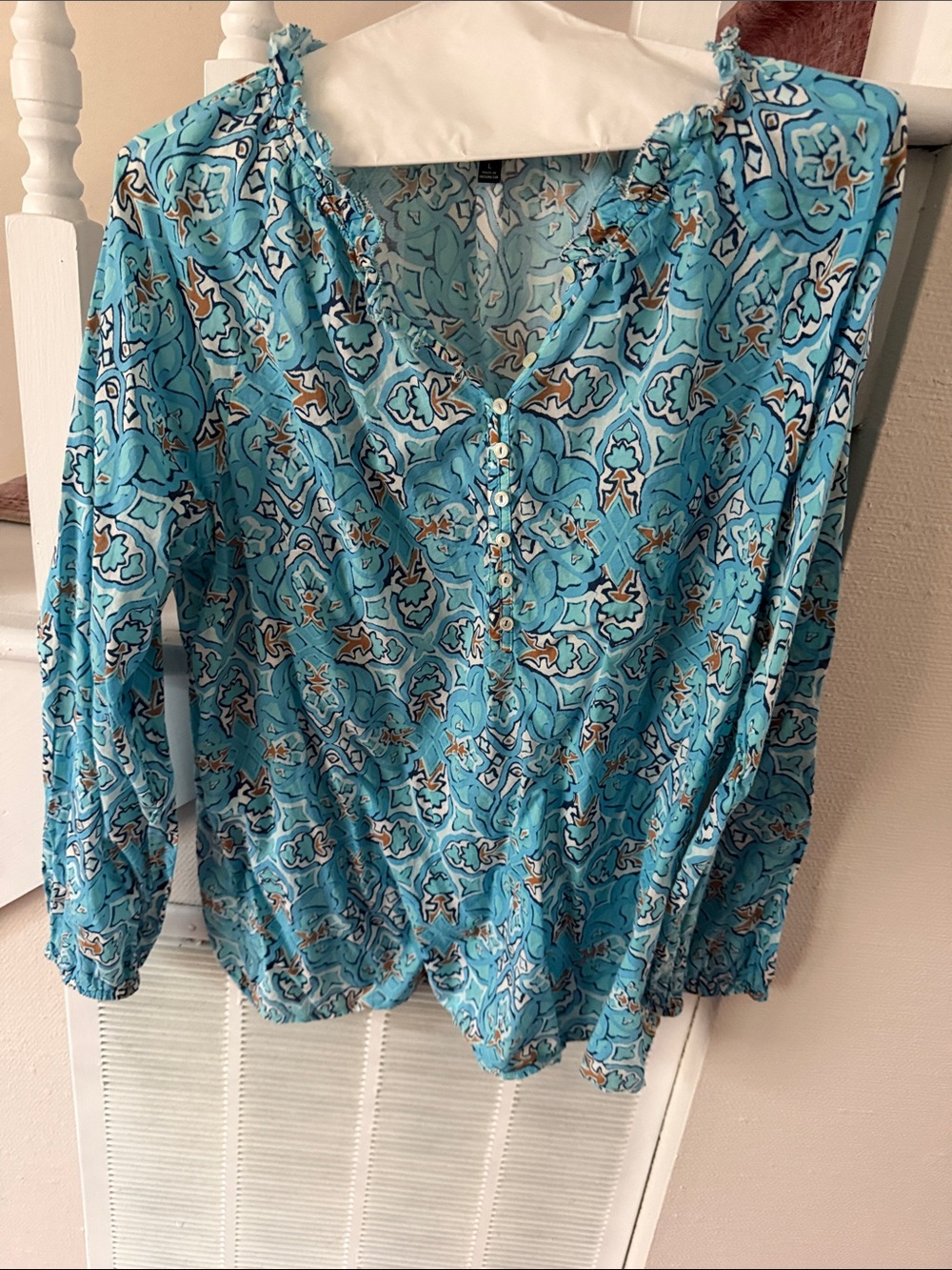 Talbots Turquoise Printed Long-Sleeve Peasant Blouse